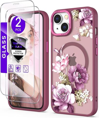 مغناطيسي لـ iPhone 14 Case+حامي الشاشة الزجاجية المقسّر ، [حماية من الدرجة العسكرية] حالة شعور بشعور غير لامع شفاف ، غطاء نمط للنساء للنساء لـ iPhone 13-Purple in Kuwait