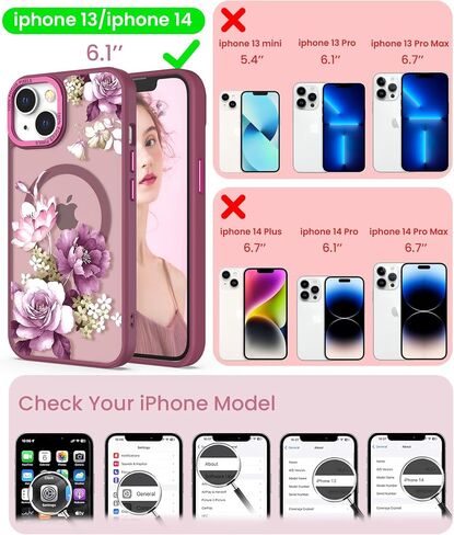 مغناطيسي لـ iPhone 14 Case+حامي الشاشة الزجاجية المقسّر ، [حماية من الدرجة العسكرية] حالة شعور بشعور غير لامع شفاف ، غطاء نمط للنساء للنساء لـ iPhone 13-Purple in Kuwait