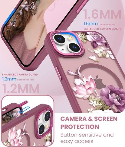 مغناطيسي لـ iPhone 14 Case+حامي الشاشة الزجاجية المقسّر ، [حماية من الدرجة العسكرية] حالة شعور بشعور غير لامع شفاف ، غطاء نمط للنساء للنساء لـ iPhone 13-Purple in Kuwait