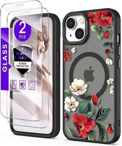 مغناطيسي لـ iPhone 14 Case+حامي الشاشة الزجاجية المقسّر ، [حماية من الدرجة العسكرية] حالة شعور بشعور غير لامع شفاف ، غطاء نمط للنساء للنساء لـ iPhone 13-Purple in Kuwait