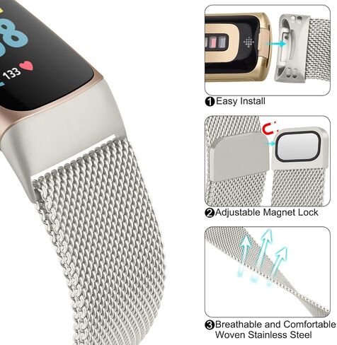 Meliya for Fitbit Charge 6 Bands Women Men, Stainless Steel Metal Mesh Loop Adjustable Magnetic Wristband Replacement Straps Compatible with Fitbit Charge 6 Fitness Tracker in Saudi Arabia