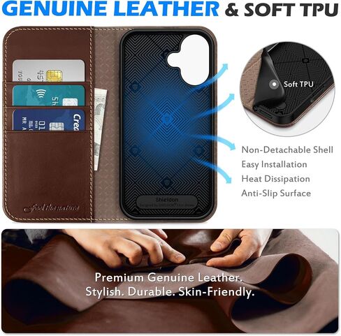 SHIELDON Case for iPhone 16 5G 2024, Genuine Leather Wallet Flip Case RFID Blocking Card Slot Kickstand Magnetic Shockproof TPU Phone Holder Case Compatible with iPhone 16 6.1" - Nappa Evergreen in Saudi Arabia