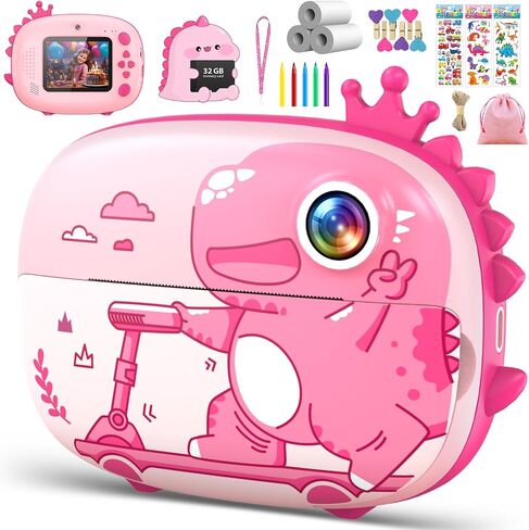 Kids Camera Instant Print 20MP 1080P Kids Digital Cameras for Boys Girls Ink Free Dinosaur Print Camera for Kids Aged 3-10 Toddler Camera for Kids Christmas Birthday Gifts (Green) in Saudi Arabia