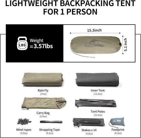Naturehike Cloud Up 1 Person Tent, Lightweight Backpacking Tents for One Man, Waterproof Ultralight One Person Tent for Camping Hiking Backpacking in Kuwait