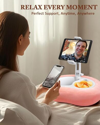 Adjustable Tablet Pillow Stand with 360° Rotating Holder, Detachable Snack Tray & Storage Pockets, Soft Washable Velvet for 5-12.9 Inch Devices in Saudi Arabia