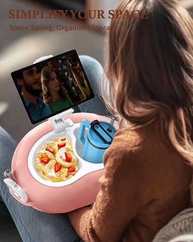 Adjustable Tablet Pillow Stand with 360° Rotating Holder, Detachable Snack Tray & Storage Pockets, Soft Washable Velvet for 5-12.9 Inch Devices in Saudi Arabia