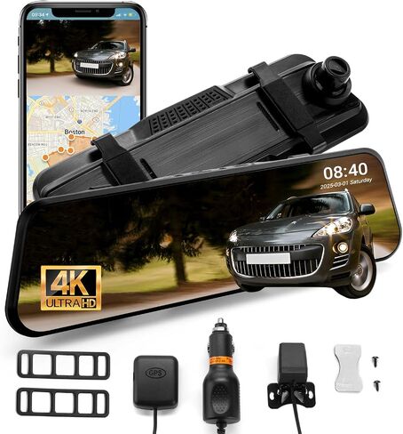 4k Mirror Dash Cam with GPS & Night Vision-10'' Touchscreen Rearview Camera for Cars & Trucks, Front & Rear Dash Cam, Loop Recording, G-Sensor, 170° Wide Angle, Easy Installation in Saudi Arabia