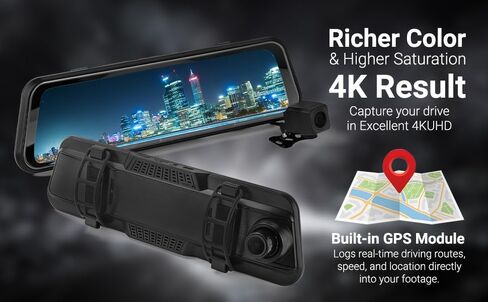 4k Mirror Dash Cam with GPS & Night Vision-10'' Touchscreen Rearview Camera for Cars & Trucks, Front & Rear Dash Cam, Loop Recording, G-Sensor, 170° Wide Angle, Easy Installation in Saudi Arabia