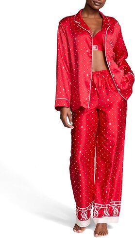 Victoria's Secret Satin Pajama Set, Long Sleeve Button Down & Pant Set, Sleepwear for Women, Black (L) in Kuwait