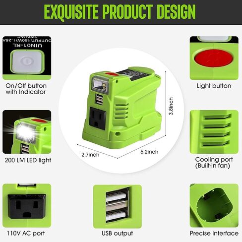 150W Phone Charger Adapter for Milwaukee M18 18V, URUN DC 18V to AC 120V Power Inverter Generator, Top Off Inverter Power Supply for Milwaukee with USB Port & LED Light & AC Outlet(No Battery) in Saudi Arabia