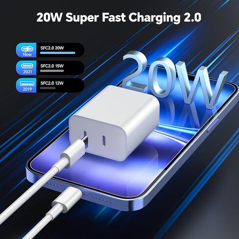 Dayaoncy Compatible with iPhone 16/15 Charge Fast Charging, 20W USB C Wall Charger with 3Pack 10FT USB C Cable, Type C Fast Charger Compatible with Phone/Android/Phone/Samsumg/Pad Yellow Blue Pink in Kuwait