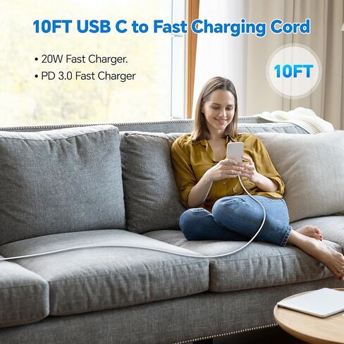 Dayaoncy Compatible with iPhone 16/15 Charge Fast Charging, 20W USB C Wall Charger with 3Pack 10FT USB C Cable, Type C Fast Charger Compatible with Phone/Android/Phone/Samsumg/Pad Yellow Blue Pink in Kuwait