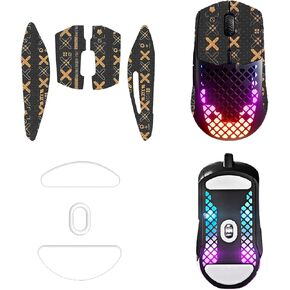 Mouse Grip Tape for SteelSeries Aerox 3, Rounded Curved Edges Mouse Feet Skates,Self-Adhesive PreCut Sweat-Resistant Professional Mice Upgrade Kit(Foot pad + Black-Gold Mouse Tape)