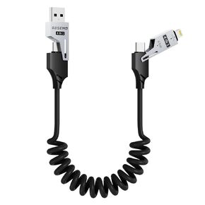 Zuslab 4-in-1 Coiled USB-C to Lightning/Type-C 65W Fast Charging Cable, Car Play & Android Auto Compatible, Compact Design, Multi-Device Charging for iPhone, iPad, Samsung & More, Black