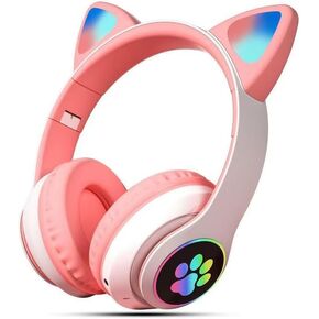 Gift for Girls Bluetooth Headphones for Kids, Cute Ear Cat Ear LED Light Up Foldable Headphones Stereo Over Ear with Microphone/TF Card Wireless Headphone for iPhone/iPad/Laptop(Pink)
