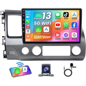 2G+64G Car Radio Stereo for Honda Civic 2006 2007-2011: 10.1 Inch 1280x800 Touch Screen Android Car Radio - Wireless CarPlay Android Auto Backup Camera Bluetooth 5G WiFi GPS SWC Mirror Link FM