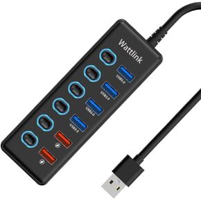 USB Hub, 6-Port USB 3.0 Hub Splitter (4 USB 3.0 Data Ports + 2 QC 3.0 Fast Charging Ports) with Individual LED Switches for Mac, PC