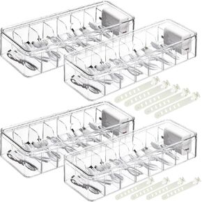 4 Pcs Cable Organizer Box with 40 Wire Ties, Clear Plastic Cord Storage Box, Stackable Charger Box Organizer with Lid for Home Office Desk Drawer Organizers and Accessories