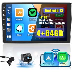 [4+64G] 10.1 Inch Doule Din Car Stereo Radio with Wireless Apple Carplay Android Auto,2 DIN 1280 * 720 Touch Screen Bluetooth 5.0 Android Car Radio GPS WiFi DSP SWC FM RDS Dual USB Backup Camera Mic