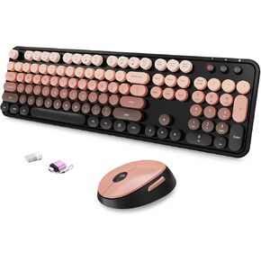 Wireless Keyboard and Mouse Combo, Ergonomic Full Size Typewriter Retro Round Keycaps Keyboard, Compatible with Windows, PC, Perfer for Home and Office Keyboards (Aurora Red) in Kuwait