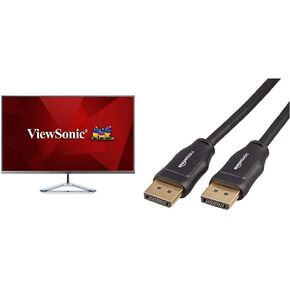 ViewSonic VX3276-MHD 32 Inch 1080p Widescreen IPS Monitor with Ultra-Thin Bezels, Screen Split Capability HDMI and DisplayPort and Amazon Basics DisplayPort 1.2 Cable, 21.6Gbps High-Speed, 4K@60Hz, 2K@165Hz, Gold-Plated Plugs, 6 Foot, Black