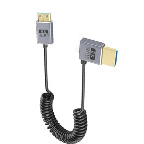 2.3ft Mini HDMI 2.1 to HDMI 2.1 Coiled Cable, OD 2.5mm Ultra-Thin HDMI 8K@60Hz Cable, 48Gbps Mini HDMI Straight Male to HDMI Right Angle Male Coaxial Cord for Camera,Camcorder, Laptop