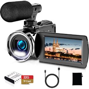Video Camera, 4K Camcorder 36MP Vlogging Camera for YouTube, 3" IPS Screen 18X Digital Zoom, with Fill Light, Mic, Battery and 32GB Card