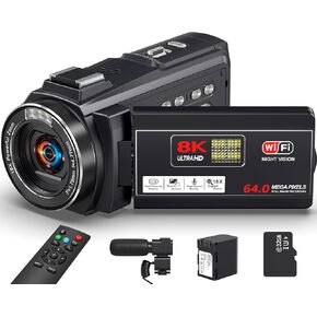 8K Video Camera Camcorder, 64MP IR Night Vision Vlogging Camera, 18X Zoom WiFi Digital Touch Screen Camcorder for YouTube with one 4500mAh Battery, 32GB TF Card, Remote Control, Mic, and Adapter