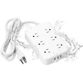 IP66 Outdoor Power Strip Weatherproof, Waterproof Strip, 6 Wide sockets, 3 USB Ports, 6-Foot Extension Cable, Wall-Mounted Outdoor Strip (White)