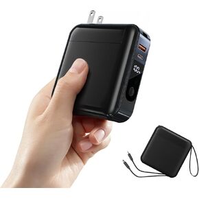 12000mAh Portable Charger for iPhone with Built in Cables and Wall Plug, 22.5W Fast Charging USB C Power Bank, 4 Outputs Travel Essential Battery Pack Compatible with iPad,Samsung etc(Black)