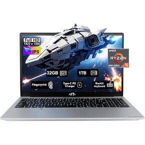 15.6 Business-gaming-Laptop, 6-Cores AMD Ryzen 5 6600H 660M 6nm GPU, 32GB DDR5 1TB SSD(Beat i5-12450H up to 4.5GHz)100W Type-C FHD IPS Laptop-Computer with Fingerprint Backlit Keyboard WiFi5 Win11