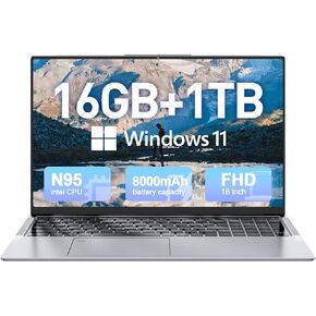 2025 أحدث جهاز كمبيوتر محمول 16.1 بوصة Windows 11 ، RAM 16GB 1T SSD ، معالج Intel 12th Gen N95 (حتى 3.4 جيجا هرتز) ، FHD 1080p عرض كمبيوتر محمول مع بطارية 8000 مللي أمبير ، 2.4G+5G WIFI ، BT5.0 ، HDMI & USB3.2
