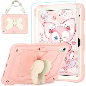 Kids Case for iPad (A16) 10th/11th Generation for Girls,11'' 2025/10.9'' 2022 with Glass Screen Protector Butterfly Stand,Pencil Holder,Strap Shockproof iPad Case 10th Gen (Colorful)