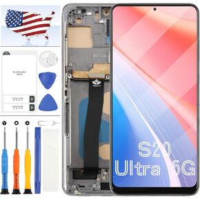 OLED LCD Dsipaly for Samsung Galaxy S20 Ultra 5G Screen Replacement for Samsung S20 Ultra 4G G988 G988U G988U1 G9880 LCD Touch Screen Digitizer Assembly Kit (Gray Frame,with Fingerprint)
