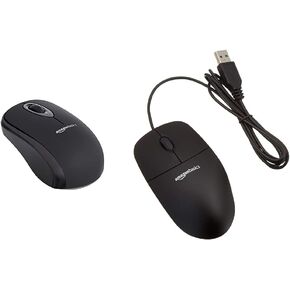 AmazonBasics Wireless Computer Mouse with USB Nano Receiver - Black & 3-Button USB Wired Computer Mouse (Black), 1-Pack