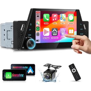 Carplay Single Din Radio with Android Auto,5.1 Bluetooth,5.0inch HD Touchscreen Radio,18-Preset FM Radio,16EQ,Mirror Link,USB&Type-C,Car Audio Receivers with 12LED Backup Camera/TF/AUX-in Port