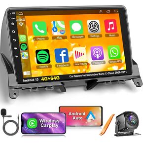 8 Core 4+64G Android 13 Stereo Radio Carplay Android auto for Mercedes Benz C-Class C180 C200 C230 C250 C300 C350 W204 S204 2006-2011, 9'' Touchscreen GPS WiFi BT FM DSP-32 Backup Camera