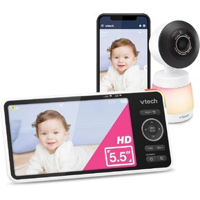 VTech Smart WiFi Baby Monitor, 5.5-inch 720p HD IPS LCD Screen, 1080p Camera, Infrared Night Vision, Remote Pan Tilt Zoom, 2-Way Talk, Multi-color Night Light, Soothing Sounds, Free App: Smart HD Plus
