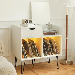 HOMMPA Record Player Stand with LED Light Large Record Player Table with Vinyl Record Storage Holder 31.8" Tall Mid Century Turntable Stand for Living Room Table with Drawer Flap Open Storage Brown