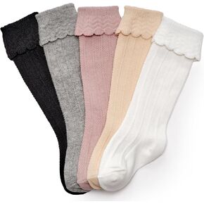 CozyWay Knee High Socks Newborn Infants Toddlers Girls 5 Pack Tube Ruffled Uniform Long Stockings