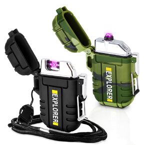 2 Pack Waterproof Lighter Outdoor Electric Lighter Dual Arc Lighter Windproof Lighter USB Rechargeable Lighter Flameless Plasma Lighter Camping Hiking Adventure Survival Tactical Gear
