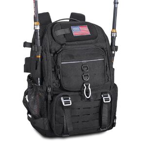 39L Fishing Tackle Backpack with Rod Holders & Cooler,Water-resistant Fishing Gear Storage Bag with Protective Rain Cover,Black