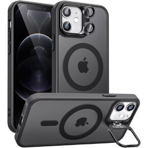 Magnetic for iPhone 12 Case with Stand, Compatible with Magsafe, Military Protection & Camera Lens Protector Translucent Matte Case, Black