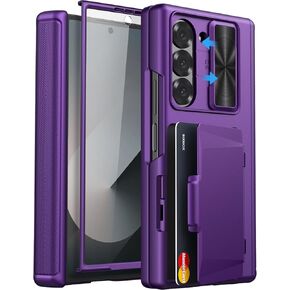 for Samsung Galaxy Z Fold 6 Case with Card Holder & S Pen Holder & Slide Camera Cover, Built-in Hinge Protection & Screen Protector, Durable Wallet Phone Cover Case for Z Fold 6 5G 2024, Black