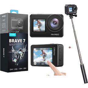 AKASO Brave 7 4K30FPS 20MP WiFi Action Camera with Touch Screen EIS IPX8 33FT Waterproof Camera with 60cm Selfie Stick Tripod Stand Bundle
