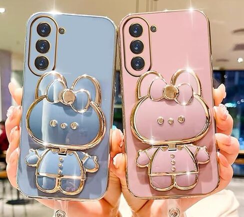 حافظة لهاتف سامسونج جالاكسي S24 الترا للنساء والفتيات، مسند مرآة على شكل أرنب مخفي لطيف، حافظة هاتف S24 الترا مطلية ببريق ناعم من البولي يوريثان اللدن بالحرارة، غطاء بناتي لهاتف سامسونج S24 الترا باللون الأسود in Kuwait