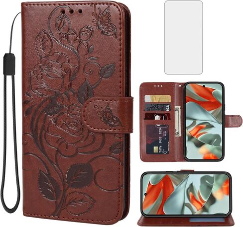 Case for Pixel 9 Pro XL Case, Google 9 Pro XL GGX8B Wallet Case with Tempered Glass Screen Protector, Flower Leather Flip Credit Card Holder Stand Phone Cover for Google Pixel 9 Pro XL Brown in Kuwait