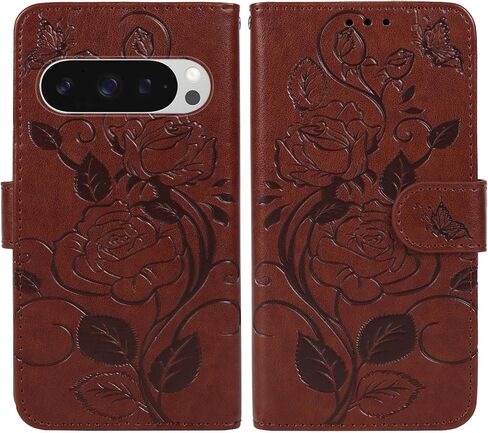 Case for Pixel 9 Pro XL Case, Google 9 Pro XL GGX8B Wallet Case with Tempered Glass Screen Protector, Flower Leather Flip Credit Card Holder Stand Phone Cover for Google Pixel 9 Pro XL Brown in Kuwait