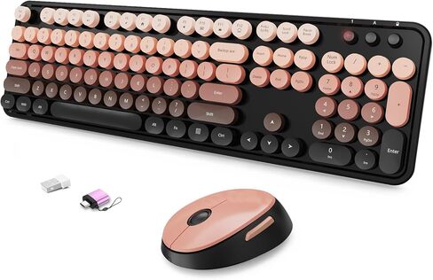 Wireless Keyboard and Mouse Combo, Ergonomic Full Size Typewriter Retro Round Keycaps Keyboard, Compatible with Windows, PC, Perfer for Home and Office Keyboards (Aurora Red) in Kuwait