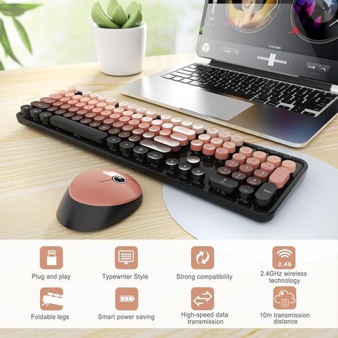 Wireless Keyboard and Mouse Combo, Ergonomic Full Size Typewriter Retro Round Keycaps Keyboard, Compatible with Windows, PC, Perfer for Home and Office Keyboards (Aurora Red) in Kuwait